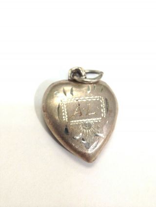 Antique Puffy Sterling Silver Heart Charm Engraved Initals A.  L.