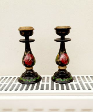 Pair Vintage Russian Wooden Folk Art Candlesticks Hand Painted Khokhloma Design