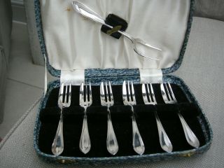 Vintage Cased Set 7 Silver Plated Epns Pastry Cake Forks Art Deco Ryals 1929