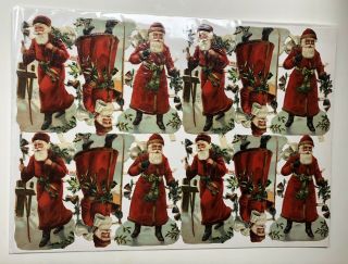 Santa Father Christmas German Diecut Scrap Sheet Antique 10” X 14” Vintage