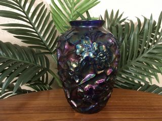Rare Fenton Cobalt Blue Carnival Glass Dogwood Embossed Floral Vase