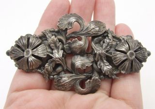 Vintage Antiqued Silver Tone Flowers Brooch/pin Open Work Ring Back 3.  25 " X 2 "