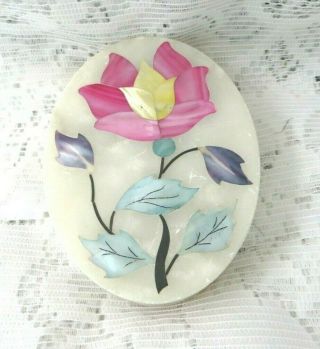 Vintage Pietra Dura Semi Precious Stones Lotus Flower Oval Trinket Box - Gorgeos