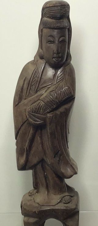 Vintage Chinese Carved Wood Figure Of A Guanyin Holding A Scroll In One Hand