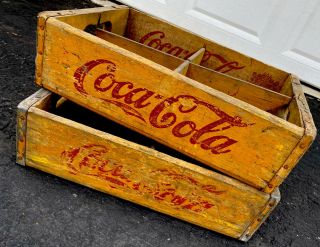 2 Vintage Very Rare 1940’s Yellow Coke Coca Cola In Bottles Wood Soda Pop Crates