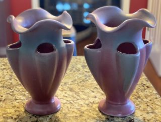 Rare Set 2 1930s Niloak Ozark Dawn Rose Pink Pottery Strawberry Pot Tulip Vase
