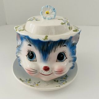 Rare Vintage Lefton Miss Priss Cat Jam Jelly Jar W/ Attached Plate 7874 Ex Cond