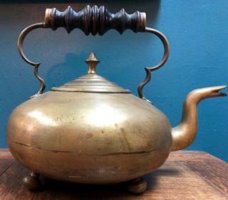 Antique Copper/brass Tea Kettle With Wooden Gooseneck Handle And Footed Bottom