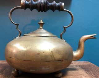Antique Copper/Brass Tea Kettle With Wooden Gooseneck Handle and Footed Bottom 2