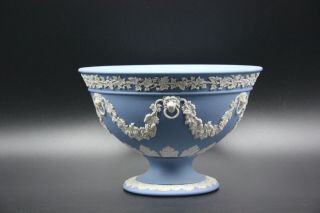 Rare Wedgwood Pale Blue Jasperware Footed Pedestal Bowl,  Lion Heads Grapevines