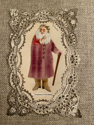 Very Rare Antique Victorian Santa Claus Die Cut Christmas Card Real Fabric
