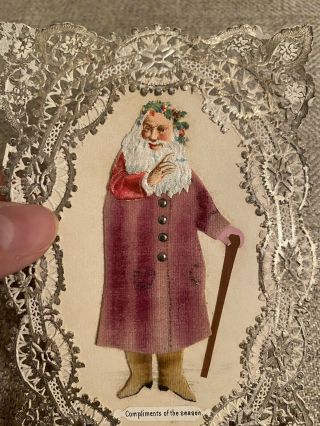 Very Rare Antique Victorian Santa Claus Die Cut Christmas Card Real Fabric 2