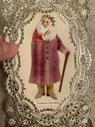 Very Rare Antique Victorian Santa Claus Die Cut Christmas Card Real Fabric 3