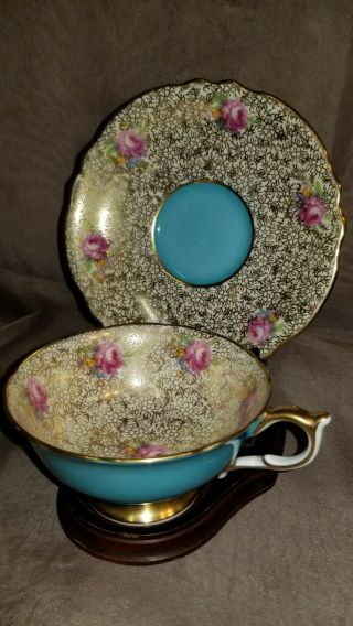 Rare Paragon Turquoise & Gold Cabbage Roses Chintz Teacup & Saucer England