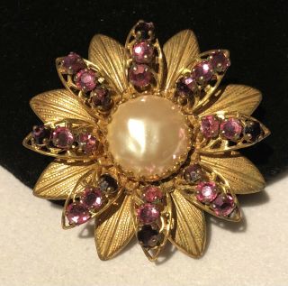 Rare Vintage 2” Signed Miriam Haskell Gilt Pearl Purple Rhinestone Brooch Pin
