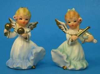 Rare 2 Cute Vintage Enesco Japan Christmas Angel Figurine Band Violin & Maracas