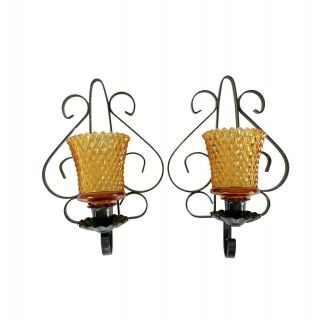 Vintage Black Wrought Iron Wall Sconces With Amber Glass Votive Candle Holders