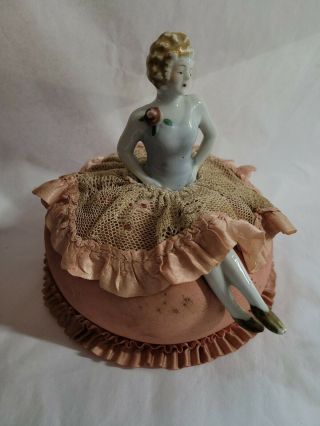 Antique Porcelain Dancer Pin Cushion Half Doll With Legs From Germany