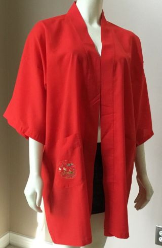 Vtg Chinese Asian Oriental Red Hand Embroidered Pockets Kimono Robe Jacket L