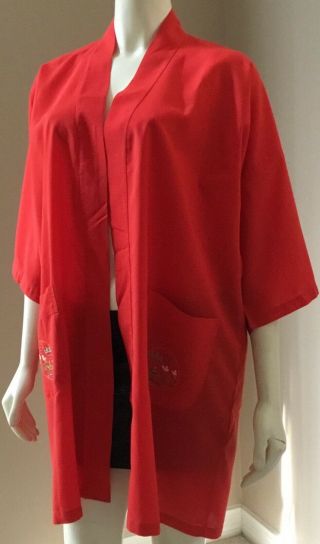 Vtg Chinese Asian Oriental Red Hand Embroidered Pockets Kimono Robe Jacket L 2