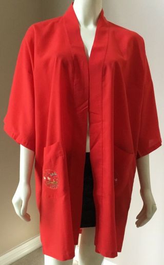 Vtg Chinese Asian Oriental Red Hand Embroidered Pockets Kimono Robe Jacket L 3