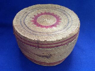 Rare Antique Northwest Indian Tlingit Lidded Basket With Bird Design