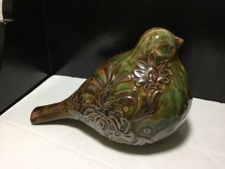 Ceramic Bird Figurine Sage/olive Green And Brown Drip Glaze Antiqued Look 7”