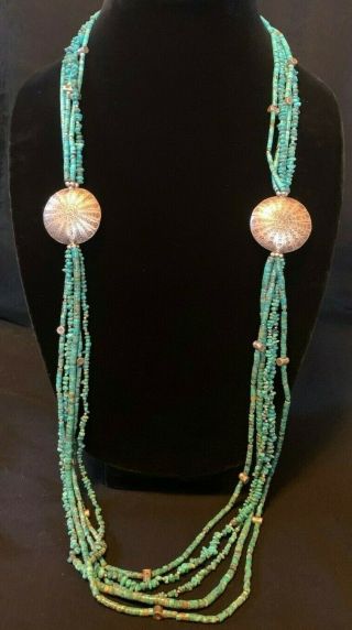 Large Stunning Vintage 5 Strand Sterling Silver And Turquoise Necklace