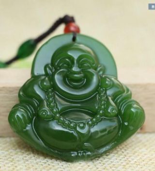 Fine Natural Hand - Carved Black Green Jade Buddha Lucky Amulet Pendant Necklace