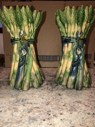 2 Rare Antique French Majolica Asparagus Bunch Vase W/bow Ceramic Planter Green