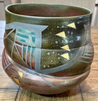 Rare Ceramic Bowl 4 Raku By Kendra Conn Studio Art Signed 6.  25”h.  5.  75”w Top