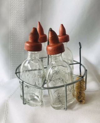 Vintage Amsco Doll E Toys Glass Bottles Set Of 4 W/ Metal Carrier Brush