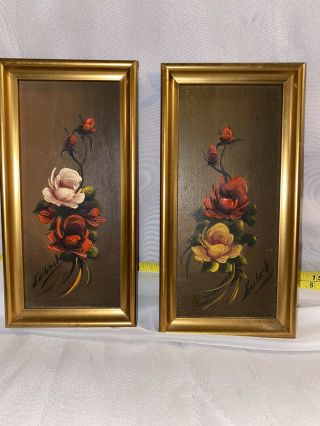 Set Of Vintage Hand Painted Small Flower Framed Painting Pictures Made In Spain