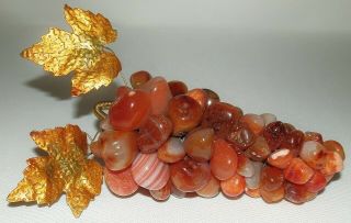 Vintage 5 " Carnelian Gem Stone Grape Cluster Gold Metal Leaf Retro Table Fruit