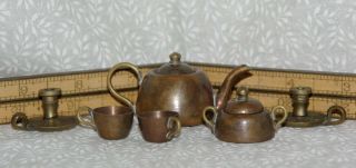 Vintage Miniature Antique Copper And Brass Tea Set With Cups And Candlesticks