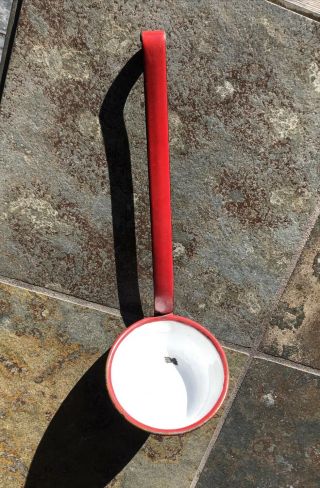 Vintage Water Ladle - Red And White Enamel Antique Spoon.  Country Farm Decor