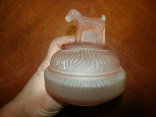 Vintage Antique Art Deco Pink Frosted Glass Powder Jar W/ Dog Finial Lid Cover
