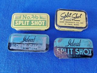 4 Vtg Fishing Sinker Tins Split Shot 3/0 Lead Products Co Houston Tackle Ideal
