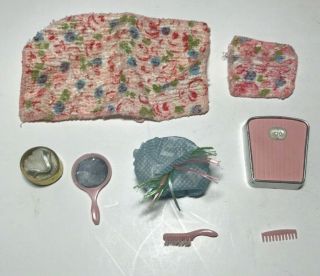 Vintage Barbie Pink Mirror,  Brush,  Comb,  Scale,  Towels,  Shower Cap,  Powder Box