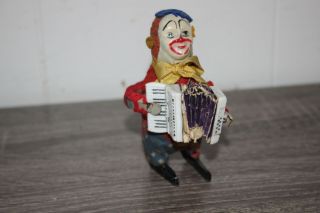Antique Rare Schuco Clown Accordion Player Tin Wind Up Hand Painted Toy