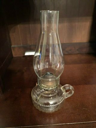 Antique Finger Hole Clear Glass Oil Lamp,  Scovill Mfg Co.  Queen Anne 1 Burner.