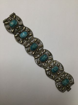 Vintage Antique Art Deco Egyptian Revival Silver Enamel Beetle Scarab Bracelet