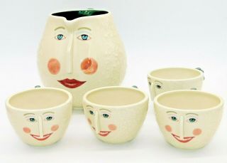 Rare Department 56 Patience Brewster Snowball People Face Pitcher 4 Mug Cup Htf