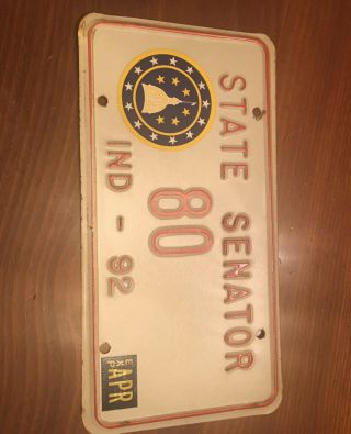 Vintage 1992 Indiana State Senator License Plate Rare