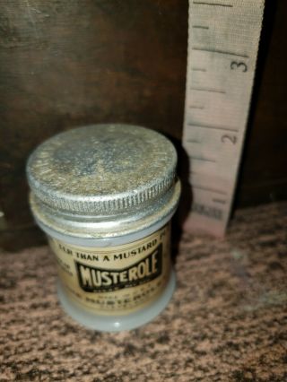 Antique Musterole Medicine White Milk Glass Jar Tin Embossed Lid Apothecary