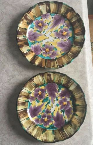 Rare Vintage Two Italy Hand Painted Plates,  Purple Flowers With Yellow