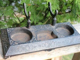 Antique Cast Iron Desk Ink Well And Quill (pen) Holder 8 X 3.  5 Inches