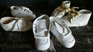 Cute 3 Pairs White Baby Infant Shoes For Composition Artist And Vintage Dolls