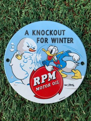 Rare Old Vintage 1940 Rpm Porcelain Sign Gas Motor Oil Donald Duck Walt Disney