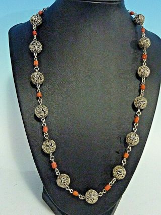 Antique Vintage Chinese Export Sterling Filigree Beads & Coral Necklae
